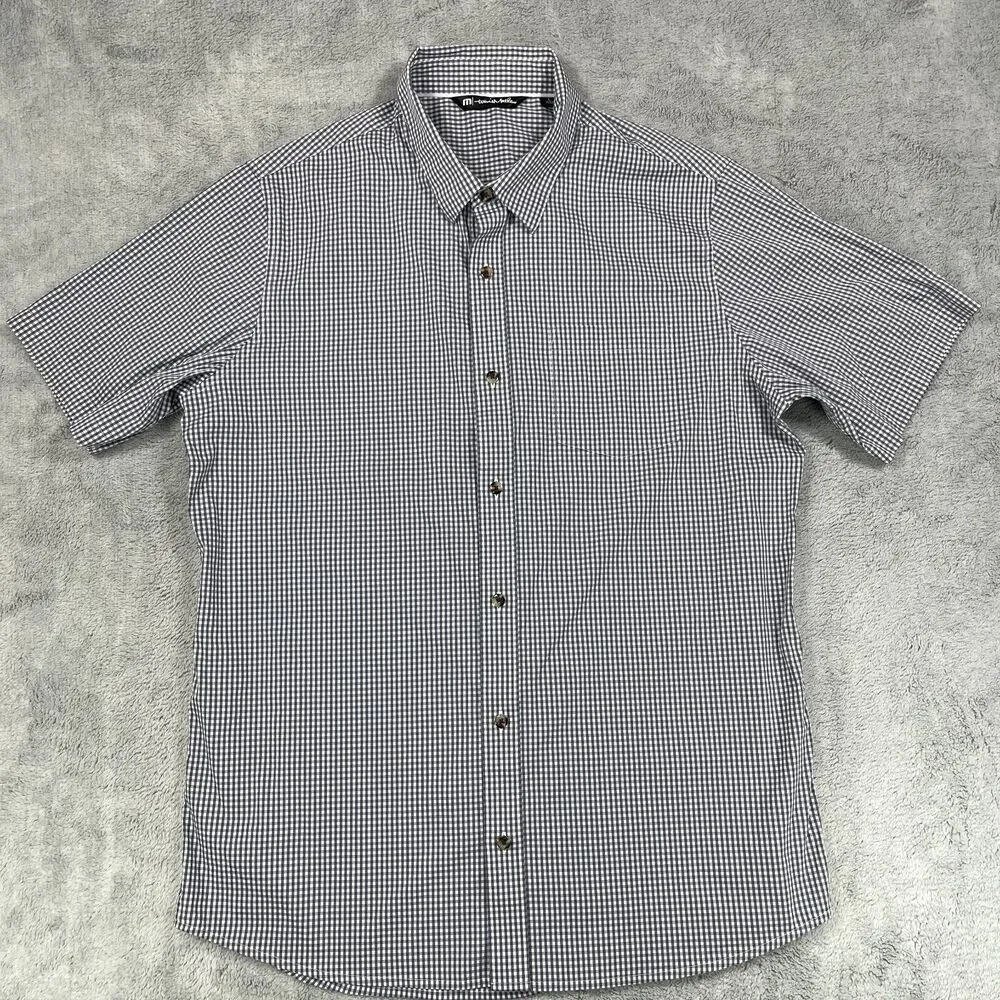 Travis Mathew Shirt Men's Large Black White Plaid Cotton Short Sleeve‎ Button-Up